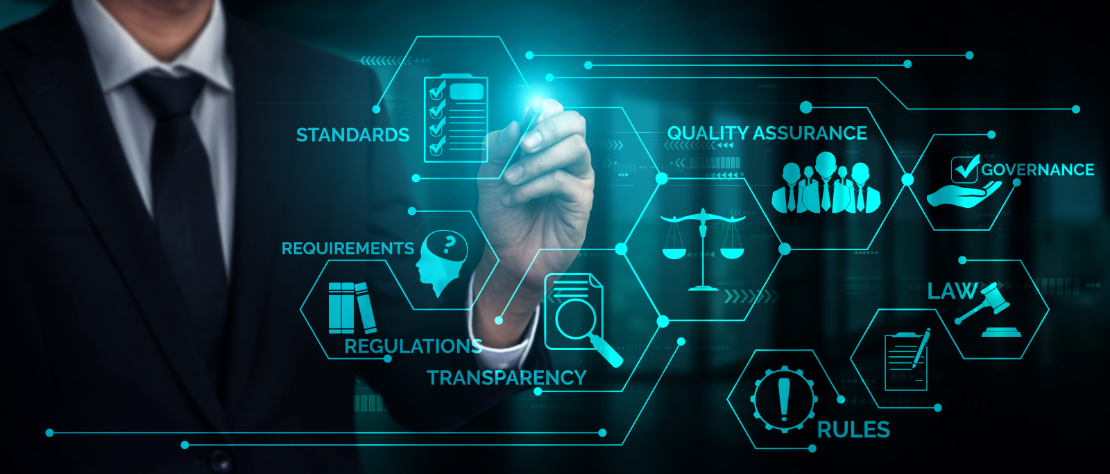 Futuristic display board showing regulations, standards, governance, quality assurance and laws